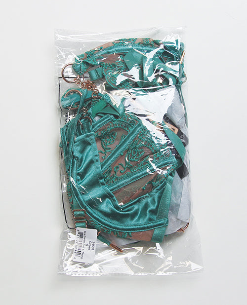 Pleasure Collection Master & Muse Bra w/Garter & Thong 3 pc Set - Green MD