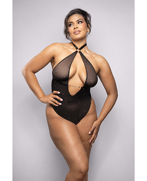 Radiance by Fantasy Rhinestone Mesh Halter Teddy w/Jeweled Center Strap - Black 3X/4X