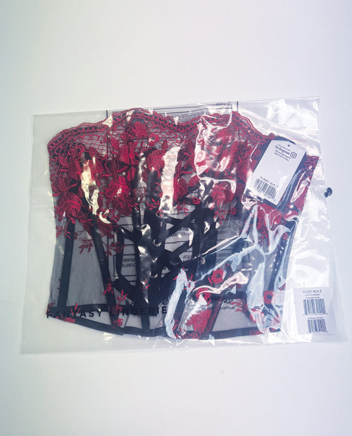 Floral Embroidered Mesh Corset w/G-String - Red/Black Medium