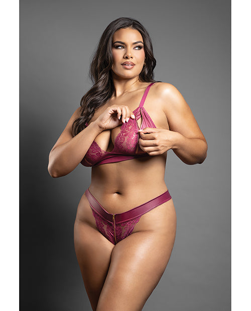 Domina Lace Bralette & Panty in Leatherette w/Zipper Detail - Berry QN
