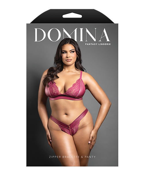 Domina Lace Bralette & Panty in Leatherette w/Zipper Detail - Berry QN