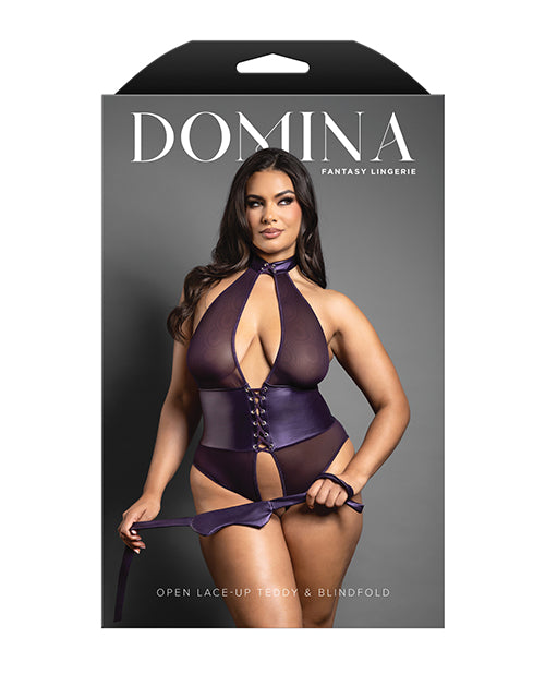 Domina Open Halter Teddy in Mesh & Leatherette w/Matching Blindfold - Purple QN