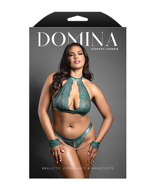 Domina Lace Bralette & Open Panty w/Detachable Chain-Link Handcuffs - Green QN