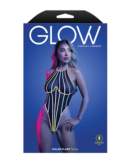 Glow by Fantasy Lingerie Solar Flare Flash Reflective Binding Halter Tie Teddy - Black M/L - Image 2