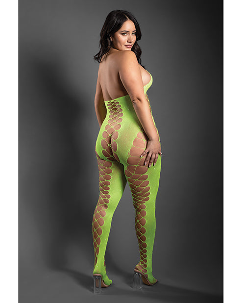 Sheer Unstoppable Crotchless Rhinestone Halter Bodystocking - Neon Green QN
