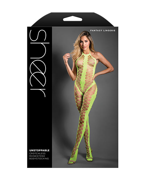 Sheer Unstoppable Crotchless Rhinestone Halter Bodystocking - Neon Green O/S