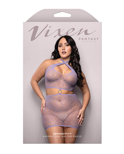 Vixen Serendipity Rhinestone Leopard Knit Keyhole Halter Dress - Lavender QN