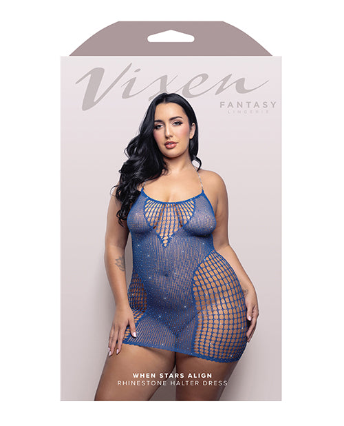Vixen When Stars Align Rhinestone Net Halter Dress - Blue QN
