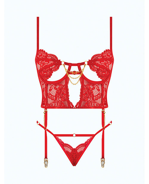 Cecily Lace & Mesh Bustier w/Thong & Garter Straps - Red 1X/2X