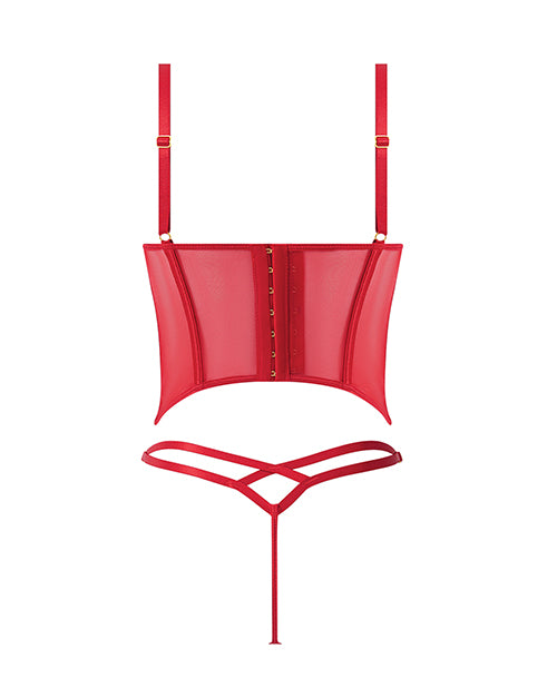 Ashley Alexiss Bustier w/Front Lace Up Ribbon Details & Matching High Cut Thong - Red 1X/2X