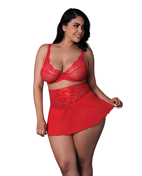 Exposed Sugar High Bralette w/Cincher Skirt & Thong 3 pc Set - Red QN - Image 4