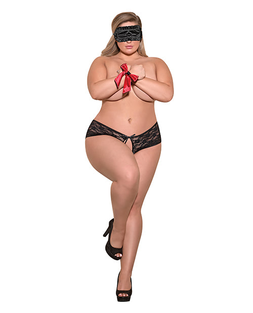 Exposed Love & Bondage Split Back Lace Booty Short, Blindfold & Wrist Ties Black QN - Image 3