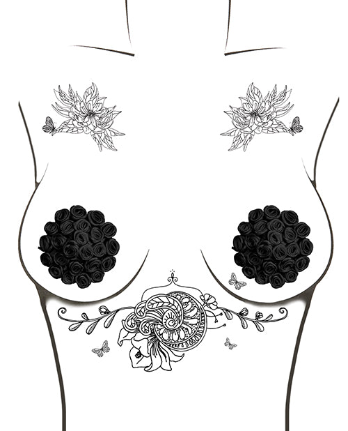 Neva Nude Burlesque Nightfall Roses Reusable Silicone Pasties- Black O/S