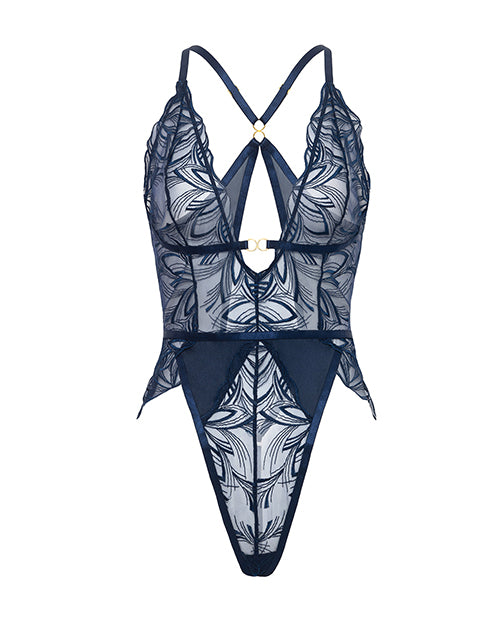 Davina V-Plunge Embroidered Teddy w/Double Ring Charm - Navy MD