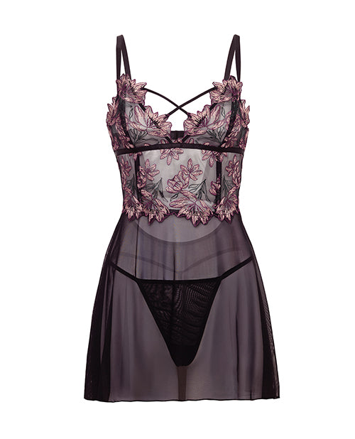 Adela Embroidered Boned Lace and Mesh Babydoll w/G-String 2 pc Set - Black/Pink 2X