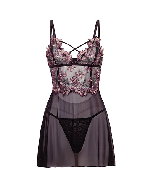 Adela Embroidered Boned Lace and Mesh Babydoll w/G-String 2 pc Set - Black/Pink SM