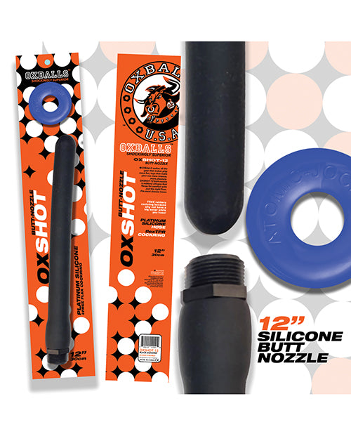 Oxballs Oxballs Oxshot 12" Silicone Butt Nozzle w/Flex Cockring - Black/Blue - Image 2