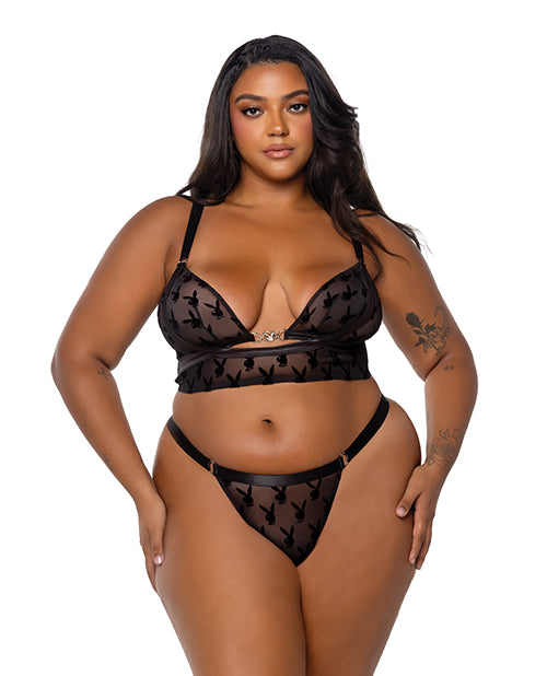 Playboy by Roma Playboy Bunny Charm Mesh Bralette w/Thong 2 pc Set - Black 1X - Image 3