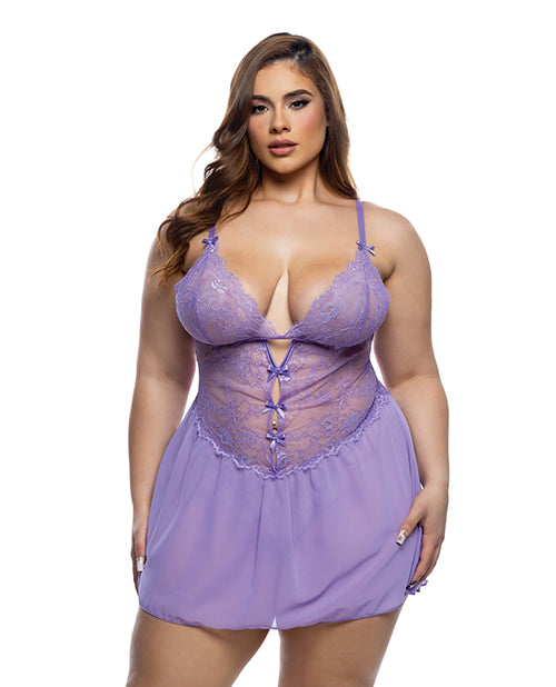 Roma Confidential Paradise Dream Lace and Mesh Babydoll w/Thong - Lilac 1X/2X - Image 3