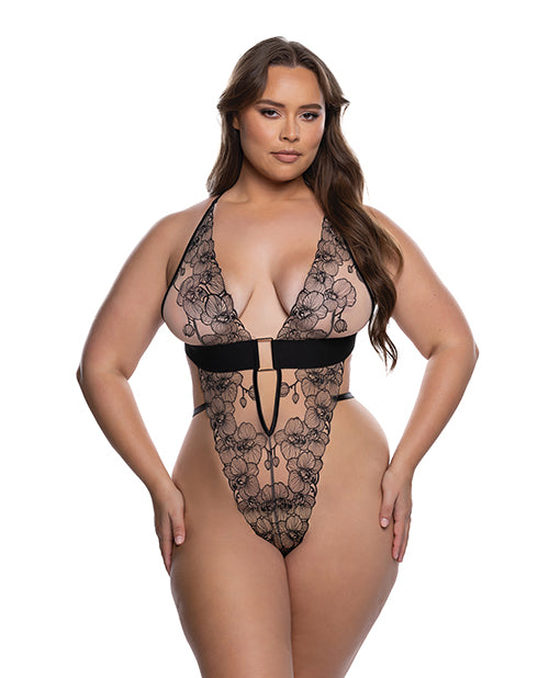 Orchid Blossom Embroidered Teddy - Black/Nude 2X