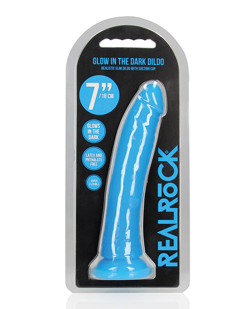RealRock Shots RealRock 7" Slim Dildo Glow in the Dark - Neon Blue - Image 5