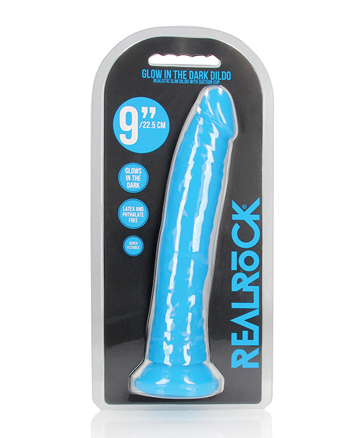 RealRock Shots RealRock 9" Slim Dildo Glow in the Dark - Neon Blue - Image 5