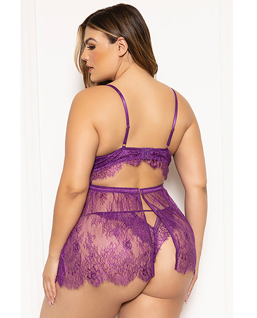 Floral Eyelash Lace Underwire Babydoll w/Thong 2 pc Set - Purple 3X/4X