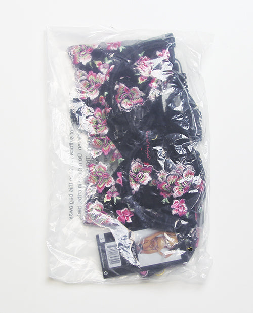 Floral Lace and Mesh Long Line Underwire Bra w/Garter & G-String - Black/Pink SM