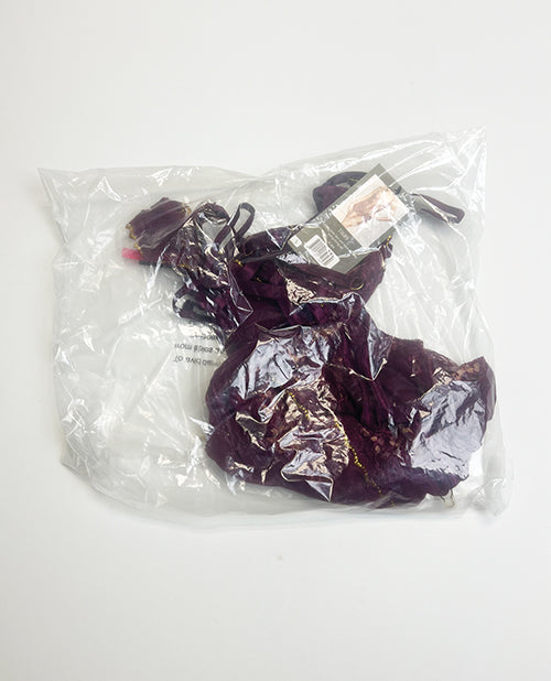 Metallic Lace with Mesh Gartered Chemise & Thong - Plum MD