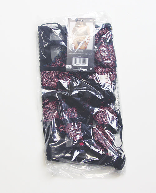 Floral Lace and Mesh Underwire Bustier w/Thong 2 pc Set - Black/Purple XL