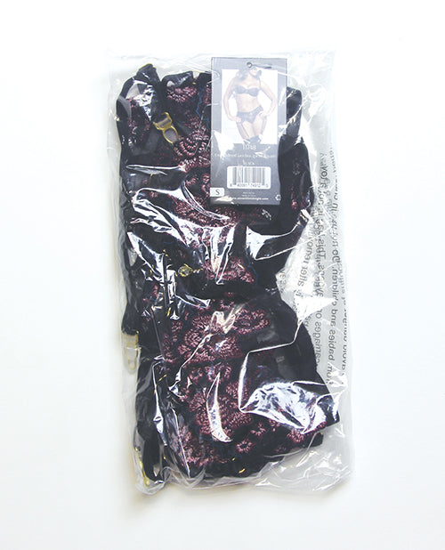 Floral Lace and Mesh Underwire Bra w/Garter & Thong 3 pc Set - Black/Purple 1X/2X