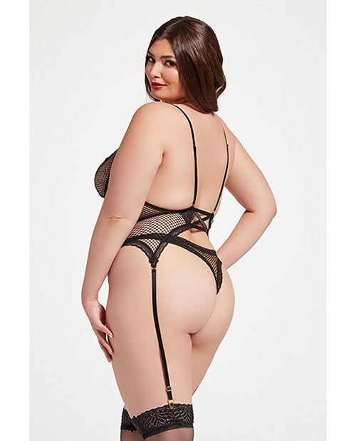 Stretch Mesh and Lace Cami w/Thong 2 pc Set - Black QN