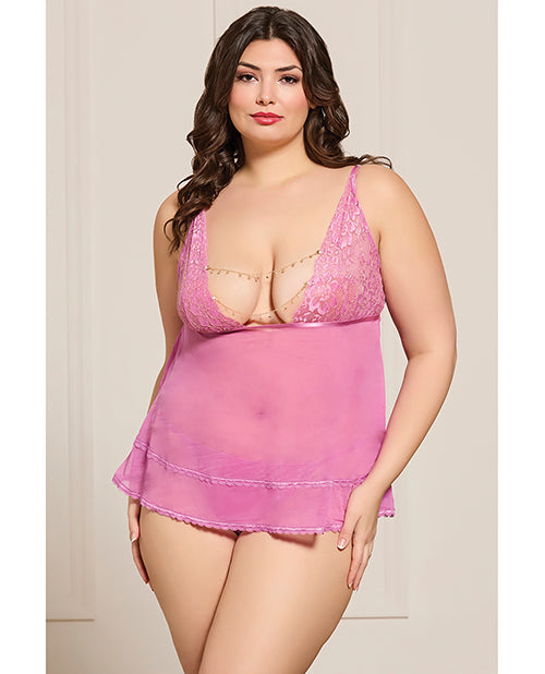 Seven 'til Midnight Lace and Mesh Babydoll w/Thong & Rhinestone Detail - Pink QN - Image 2
