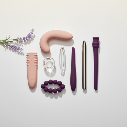 Body-safe adult toys arranged on a white surface, showcasing materials and design.