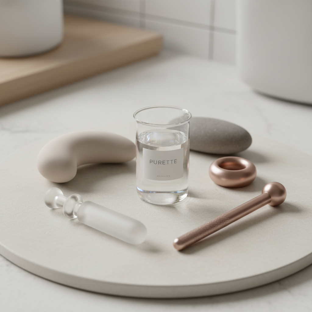 A selection of body-safe sex toys made from medical-grade silicone, glass, and stainless steel, alongside a cleaning solution, representing safe and informed choices for intimate pleasure.