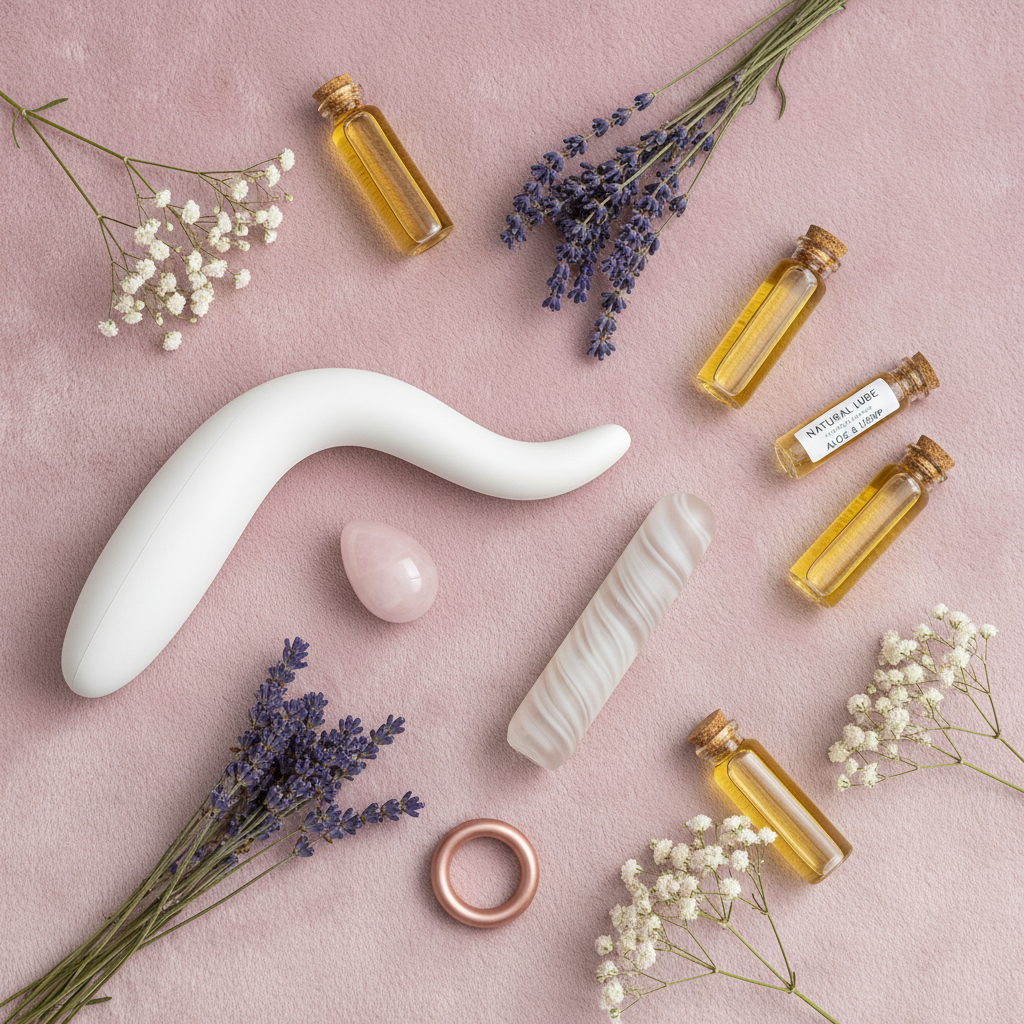 A curated collection of body-safe sex toys on a soft pink background, showcasing the importance of safe materials and pleasurable experiences.