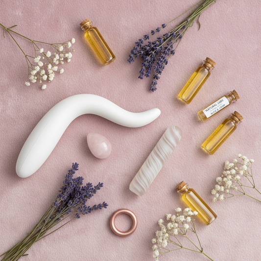 A curated collection of body-safe sex toys on a soft pink background, showcasing the importance of safe materials and pleasurable experiences.