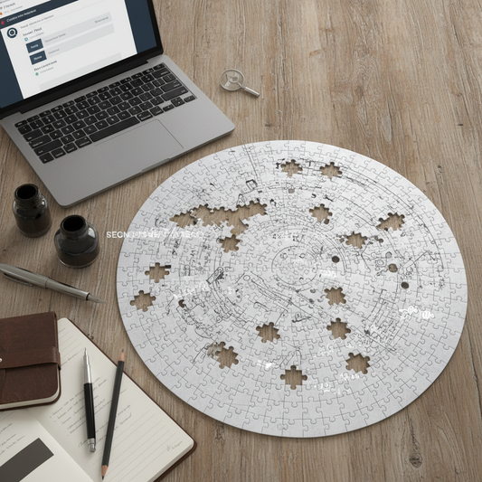 Image showing a partially completed jigsaw puzzle representing content generation, with missing pieces symbolizing missing strategic inputs.