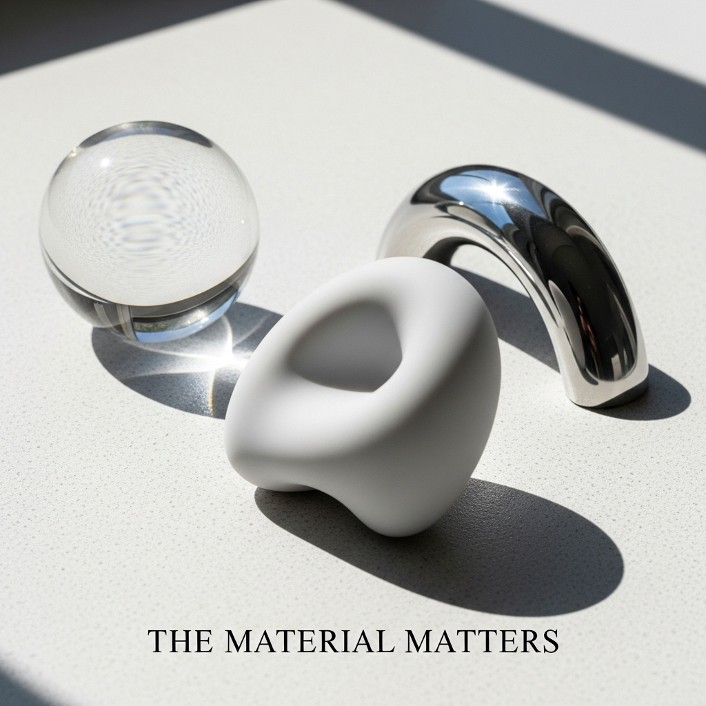 A minimalist flat lay of body-safe sex toy materials: velvety silicone, clear glass, and polished steel, illustrating the ultimate guide to body-safe sex toy materials.