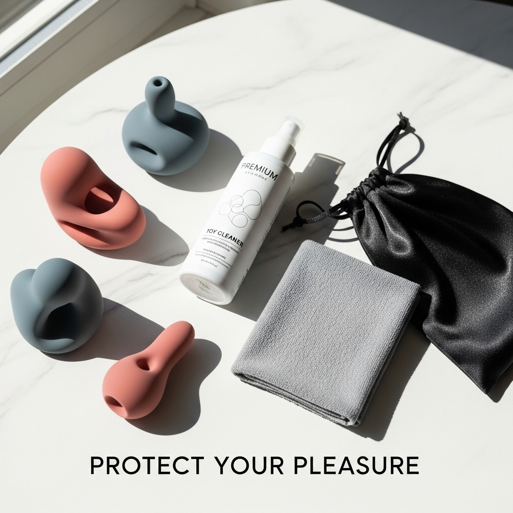 A minimalist flat-lay of high-quality silicone adult toys being cleaned and prepared for storage, illustrating the concepts in the ultimate guide to cleaning and storing adult toys.