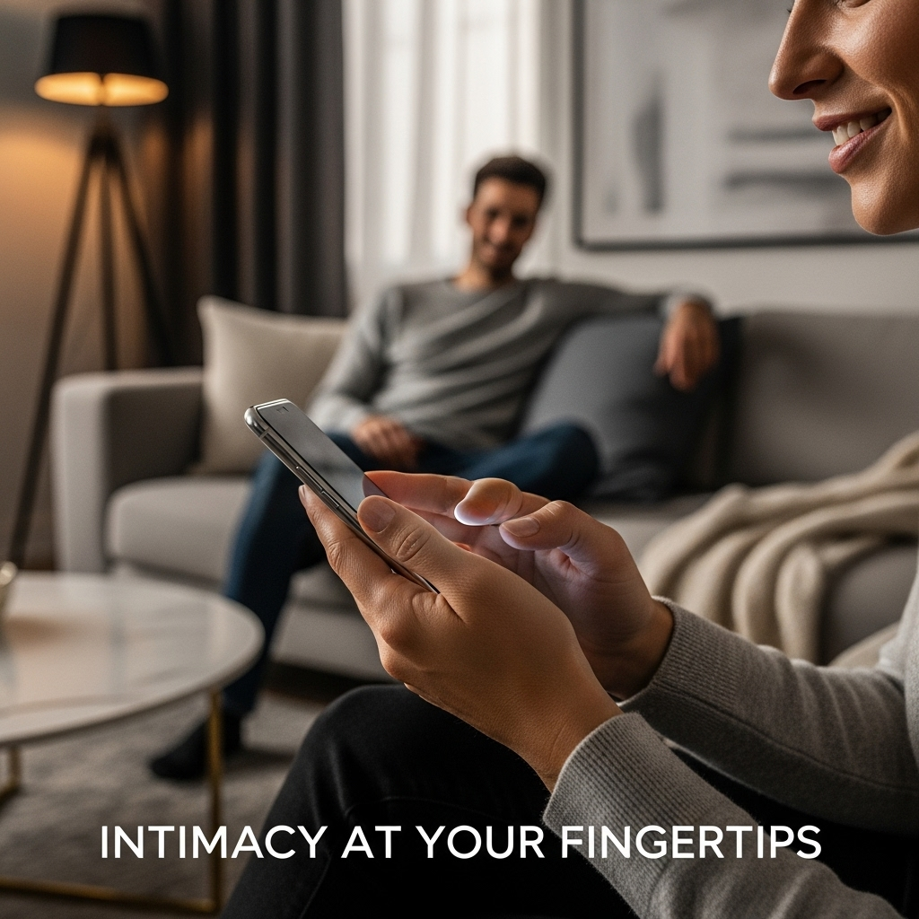 A sophisticated image of a person holding a smartphone, implying control of a remote vibrator, with their partner relaxing in the background. The image is for an article titled 'How Remote Control Vibrators Work: A Beginner's Guide for Couples.'