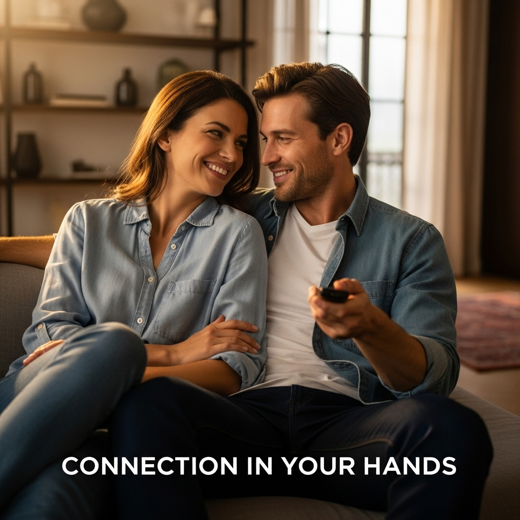A happy couple on a couch sharing a playful, intimate moment. One partner holds a remote control, illustrating the article's guide on how to use a remote control vibrator for couples to enhance connection.