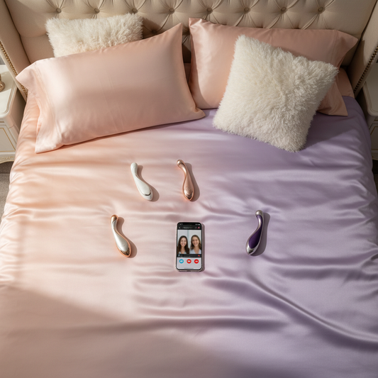 Remote control vibrators arranged on silk sheets with a video call on a smartphone, representing intimacy in a long-distance relationship.