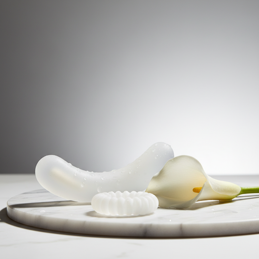 Platinum silicone intimate products arranged with a calla lily, highlighting their body-safe and luxurious qualities.