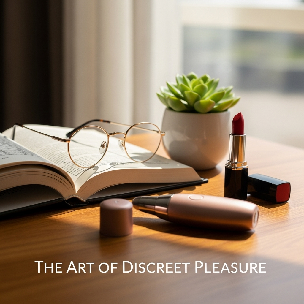 A styled flat lay of a modern vanity showing a lipstick vibrator next to other everyday luxury items, illustrating the concept from The Ultimate Guide to Discreet Vibrators for Modern Living.