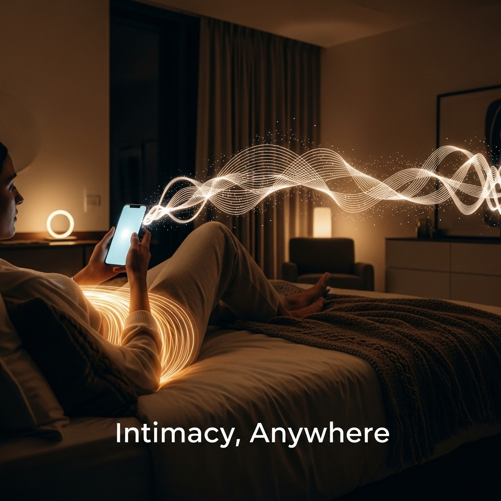 A person relaxes in bed, holding a smartphone from which glowing lines of light emanate, symbolizing the connection from an app-controlled long-distance vibrator. The image headline reads: "Intimacy, Anywhere."