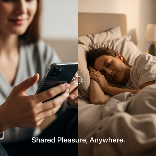 A split-screen image showing one person controlling a device and their partner reacting with pleasure, illustrating the concept of the ultimate guide to remote control vibrators for solo, couples, and long-distance play.