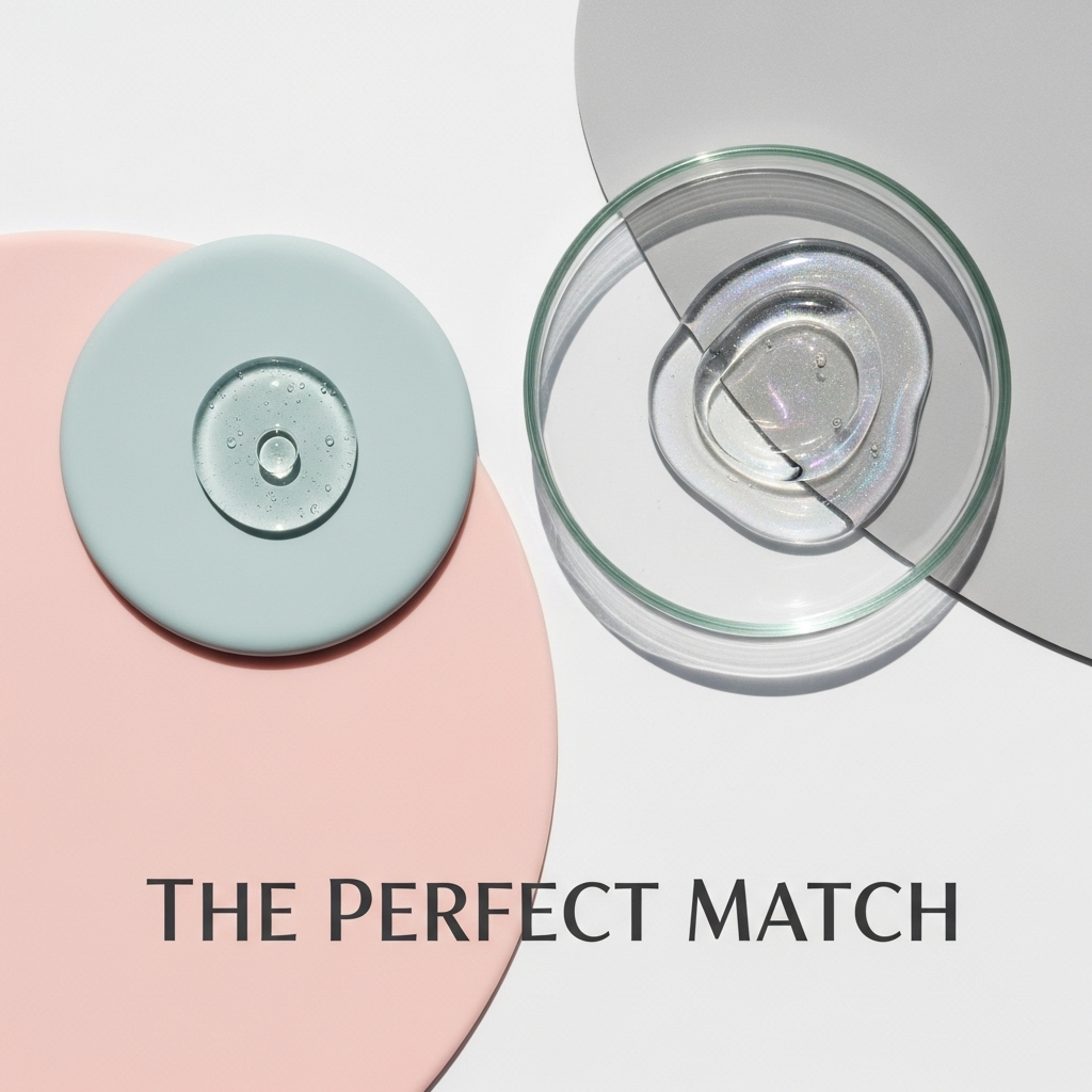 A clean, minimalist flat lay showing abstract textures representing lubricant compatibility, with a clear drop on a matte surface. This is the featured image for the article 'The Ultimate Guide to Sex Toy Lubricant Compatibility'.