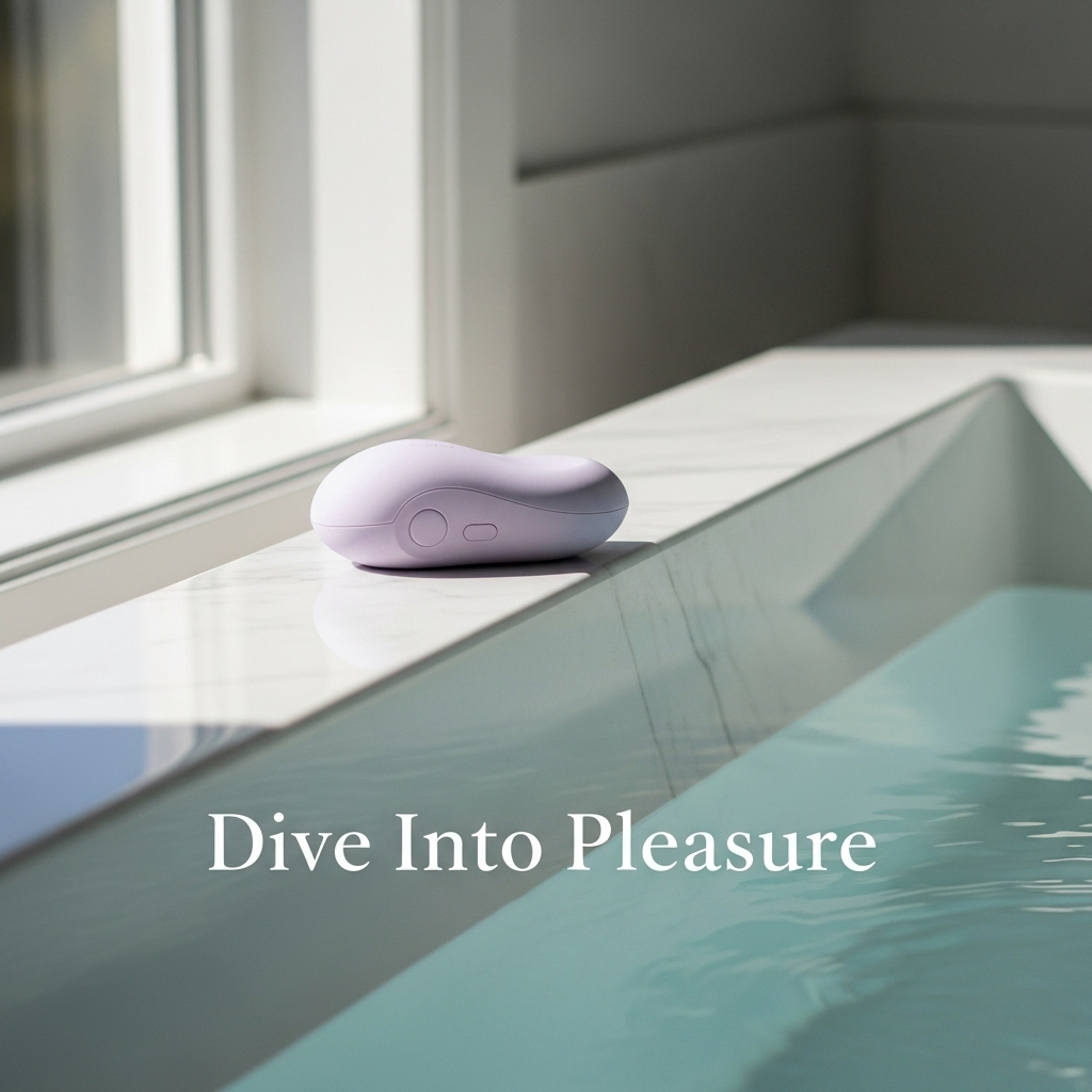 A luxurious waterproof vibrator rests on the marble edge of a bathtub filled with water, with the headline "Dive Into Pleasure." This image is the featured visual for the Ultimate Guide to Waterproof Vibrators for Shower & Bath Play.