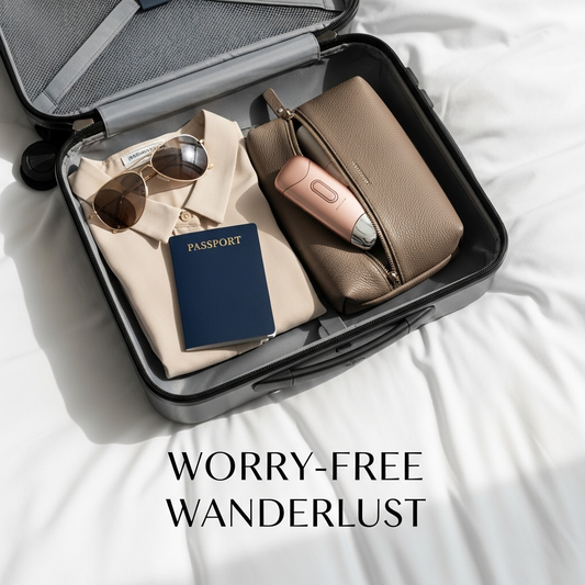 A flat lay of an open carry-on suitcase packed for travel, showing a discreet vibrator in a toiletry bag, illustrating the Worry-Free Guide to Traveling with Discreet Vibrators.